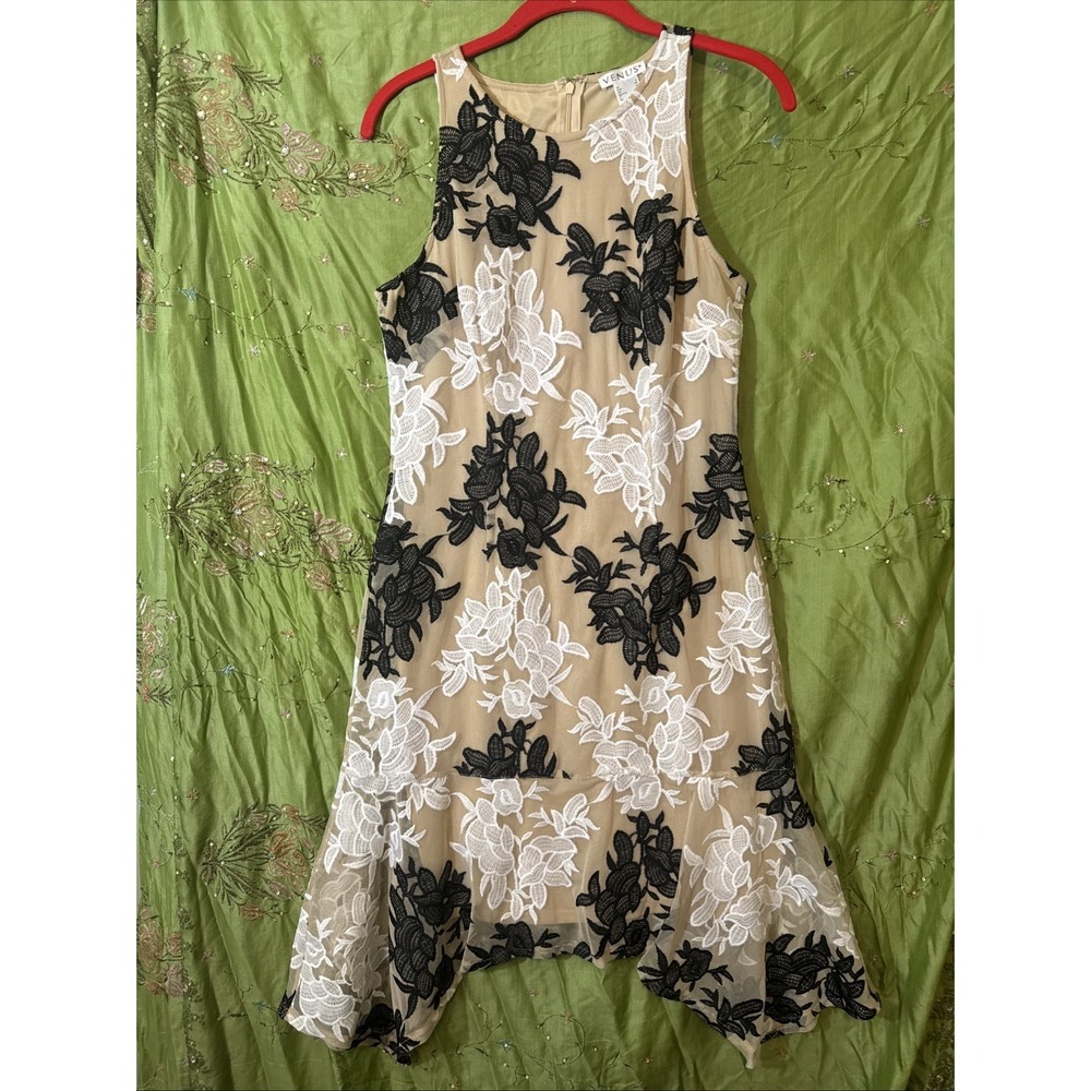 Black White Nude‎ Lace Dress Floral Handkerchief Hem Flowy Romantic Women's 88